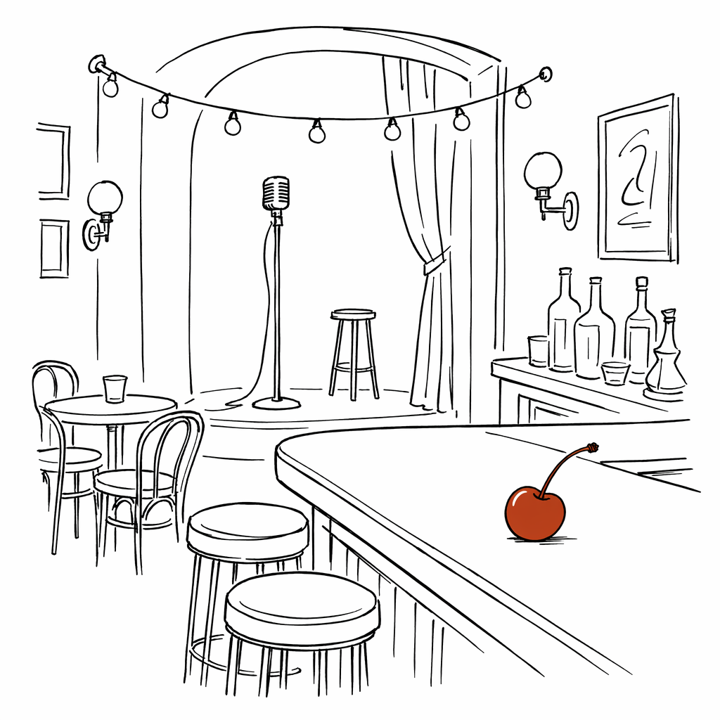 Line-art illustration of a cabaret bar scene with a cherry on the counter