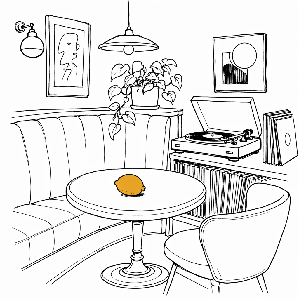 Line-art illustration of a lounge scene with a record player and a lemon on the table